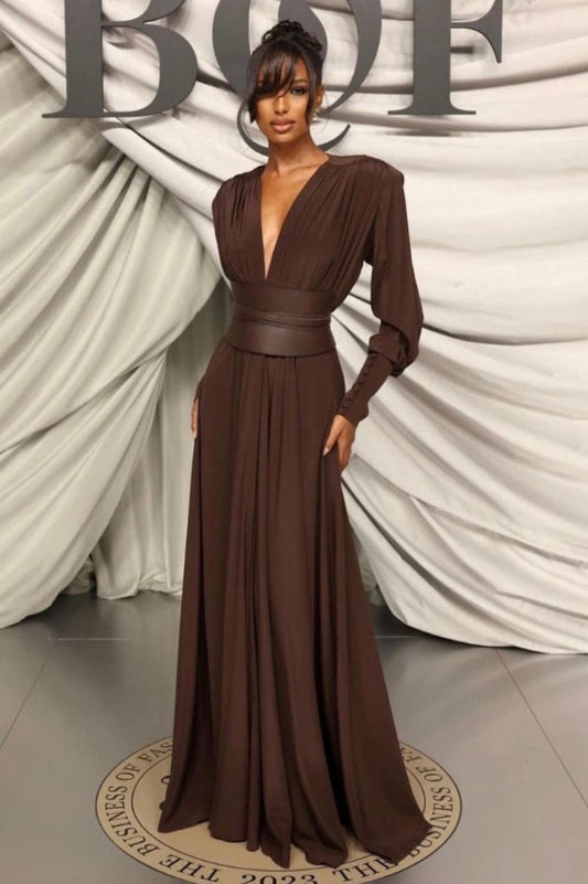 Rosey Tan Maxi Dress With Waist Belt