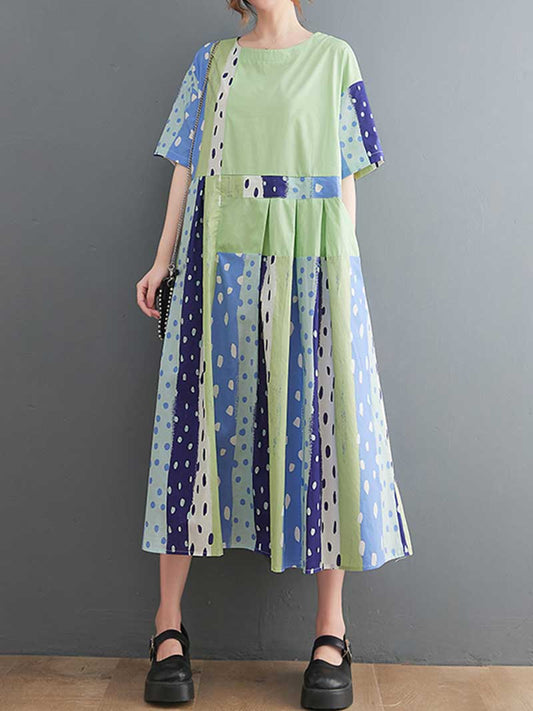 Polka Dot Print Round-Neck Short Sleeves A-Line Dress Dress