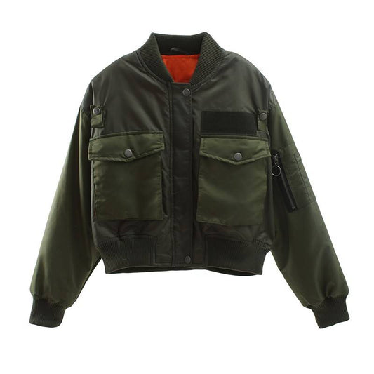 Pocket Decorated Green Bomber Jacket