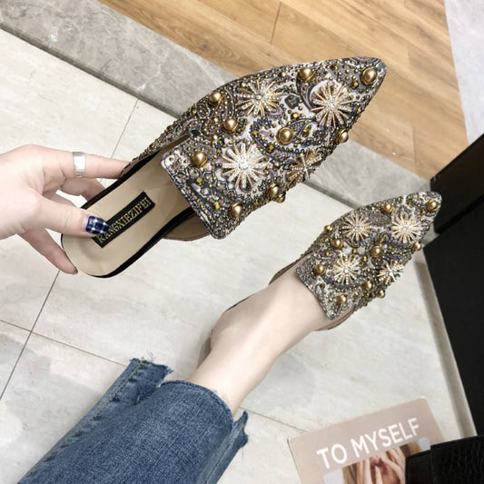 Casual Pointed Toe Floral Rivet Slingback Slip On Women Mules Shoes