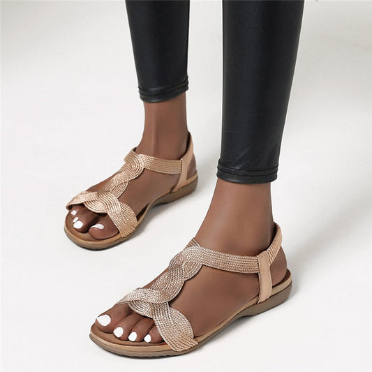 Bling Gold Silver Knitted T-Strap Flat Sandal