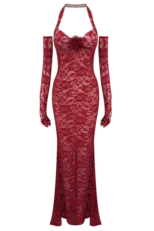 Marjorie Red Rose Lace Halter Maxi Dress