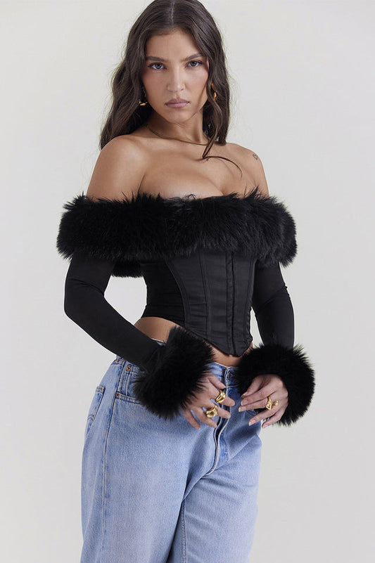 Black Faux Fur Trimmed Bustier