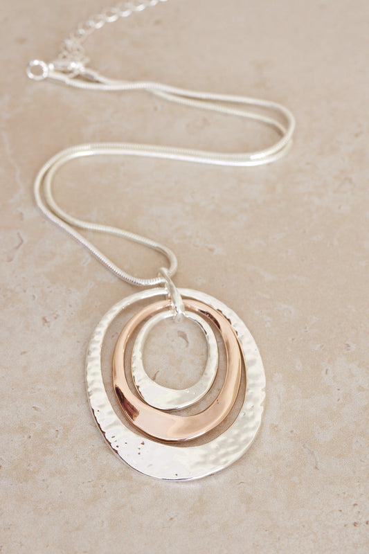 Hammered Double Oval Pendant Necklace - Silver/Rose Gold