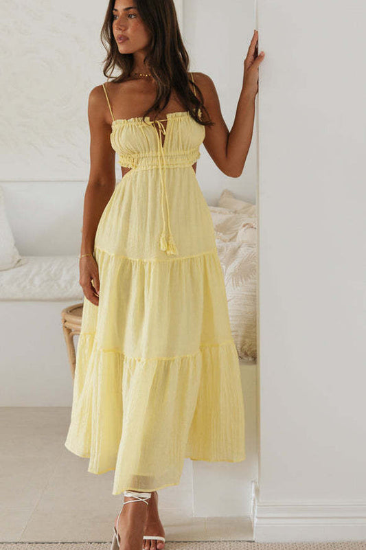 Ruched Tie-Up Strappy Maxi Dress