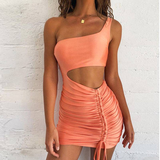 Hollow Out Sleeveless One Shoulder Bandage Women Bodycon Mini Dress
