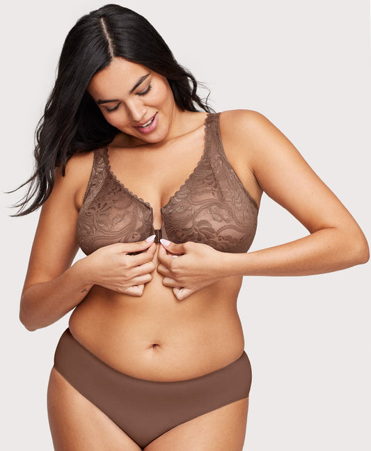 Front-Closure Stretch Lace WonderWire Bra Mocha