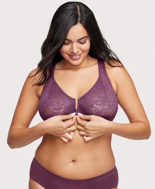 Front-Closure Lacey T-Back WonderWire Bra Black Plum