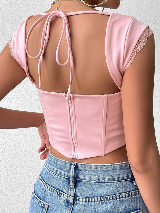 Backless Lace Spliced Boning Corset Crop Top
