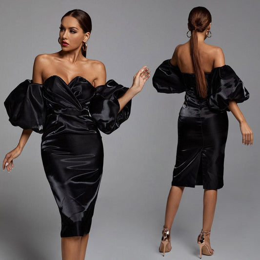 ELLIA PUFF Sleeve SATIN MIDI Dress