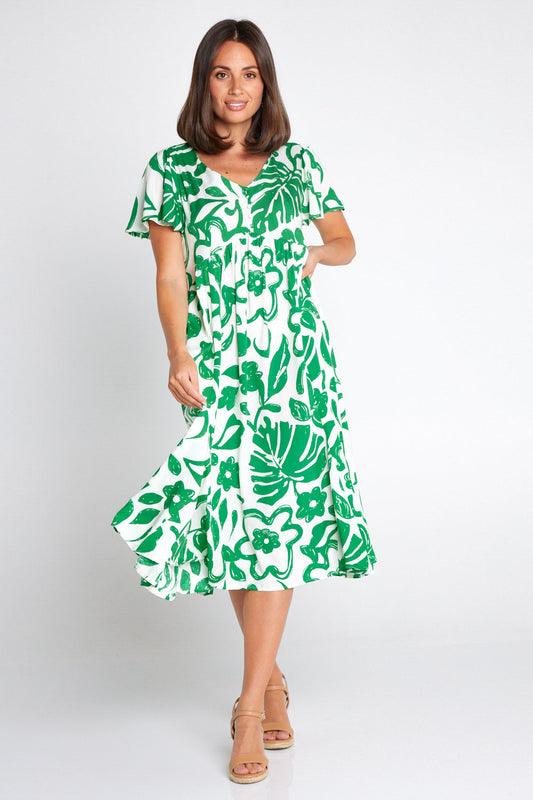 Brighton Dress - White/Green Monstera
