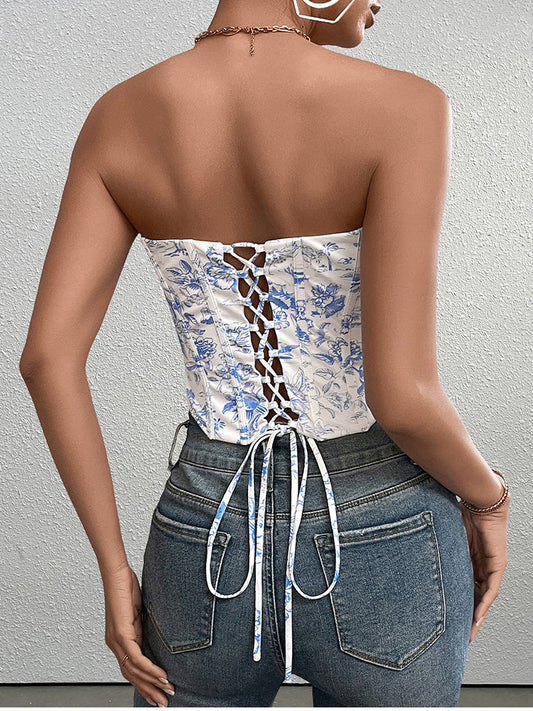Crisscross Back Floral Print Tube Top