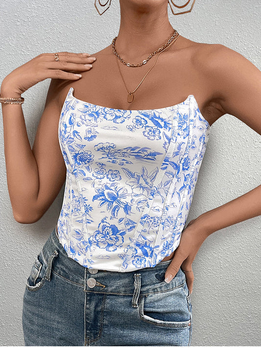 Crisscross Back Floral Print Tube Top