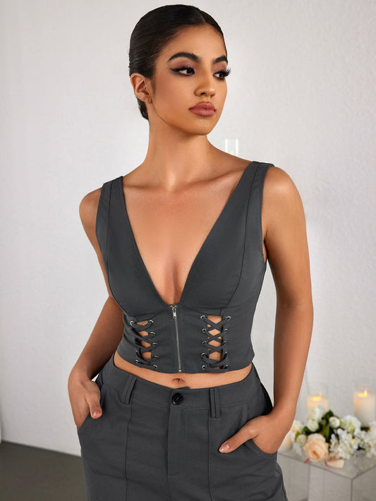 Deep V-Neck Cut Out Zipper Crop Top