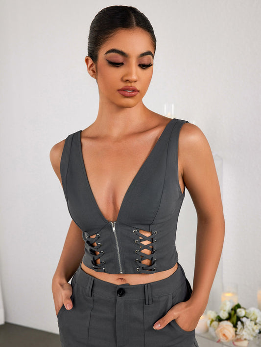Deep V-Neck Cut Out Zipper Crop Top