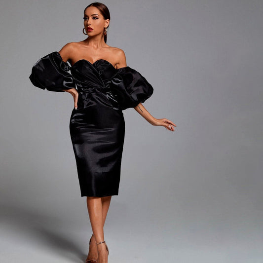 ELLIA PUFF Sleeve SATIN MIDI Dress