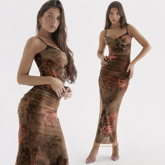 AKIRA BODYCON BROWN PRINTED MAXI Dress with STRAPS