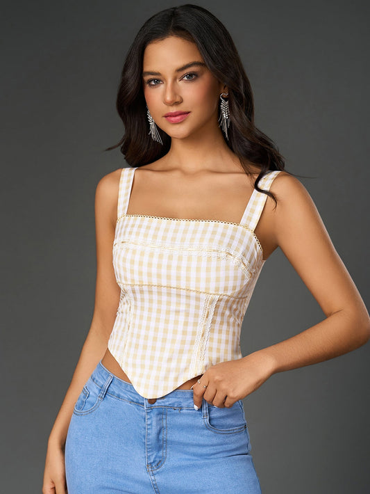 Embellished Lace Asymmetrical Hem Plaid Print Top