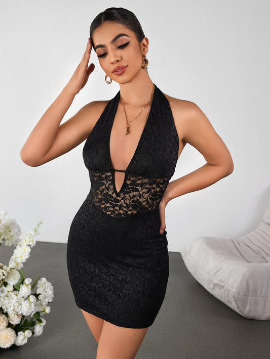 Halter Deep V-Neck Lace Bodycon Dress