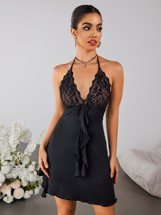 Halter Lace Spliced Ruffle Mini Dress