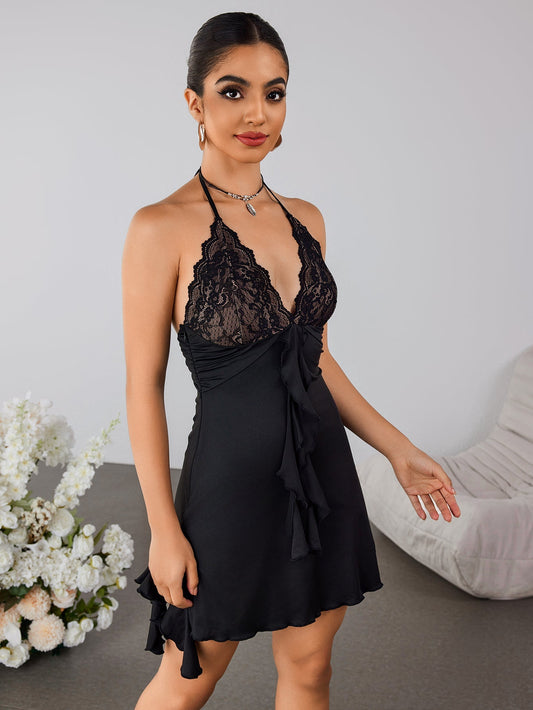 Halter Lace Spliced Ruffle Mini Dress