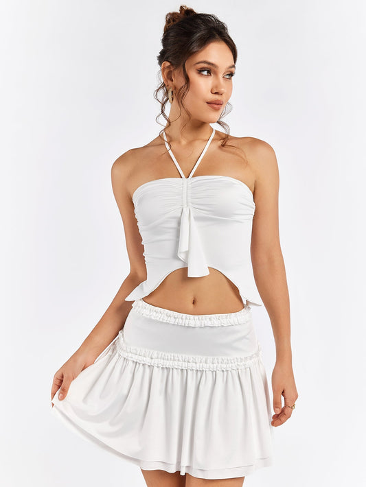 Halter Ruched Bust Asymmetrical Hem Top&Embellished Trim Tiered Skirt