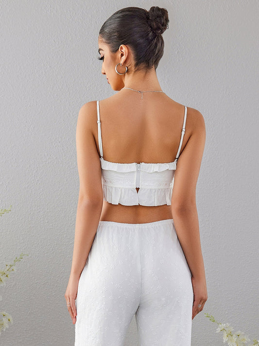 Jacquard Lace Trim Tie Front Top