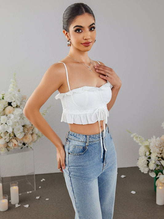 Jacquard Lace Trim Tie Front Top