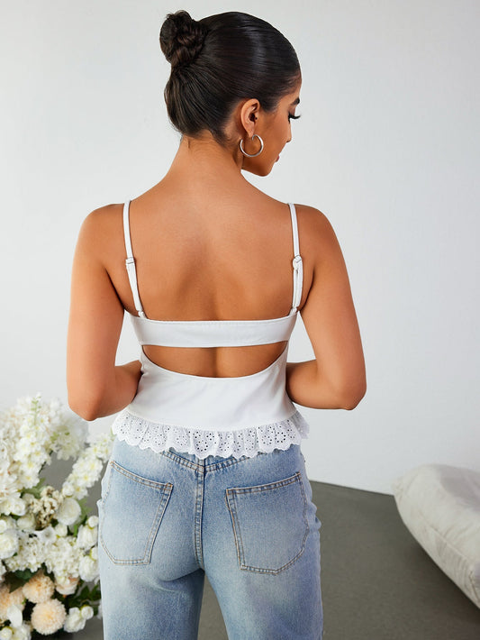 Lace Trim Cut Out Backless Crop Top
