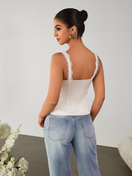 Lace Trim Cut Out Tie Front Slit Hem Top