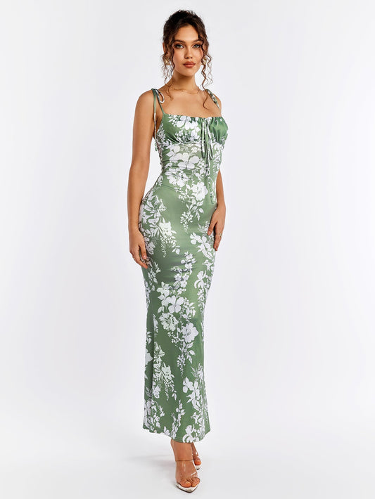 Lace-Up Straps Tie Front Floral Bodycon Dress(Petite Version)