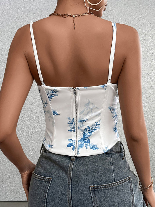 Mesh Patchwork Floral Print Boning Cami Top