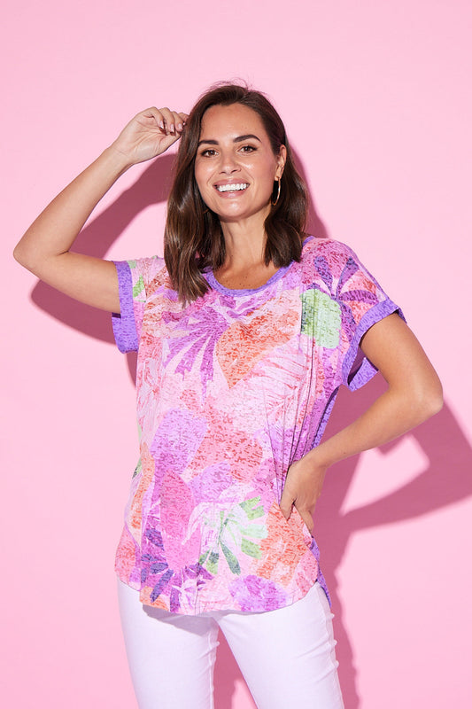 Nadia Burnout Tee - Lavender Abstract Tropical Print