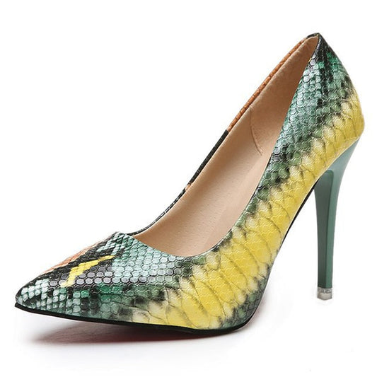 PU Leather Snake Print Pointed Toe Stiletto