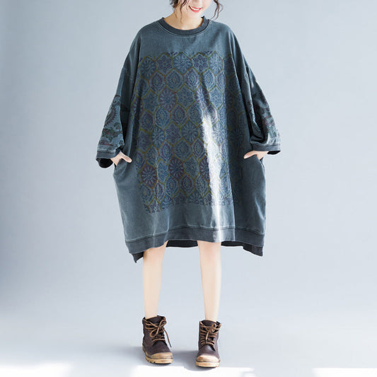 Crew Neck Printed Sweatshirt Dress