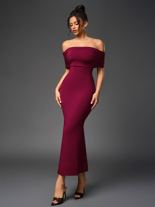 Off Shoulder Cut Out Back Ruched Bodycon Dress