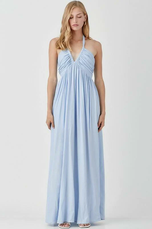 Olivia Misty Blue Halter Maxi Dress