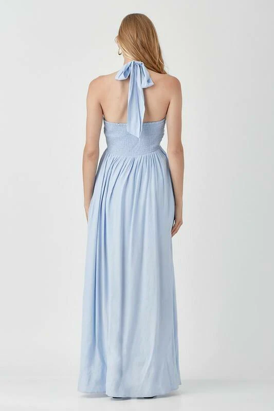 Olivia Misty Blue Halter Maxi Dress