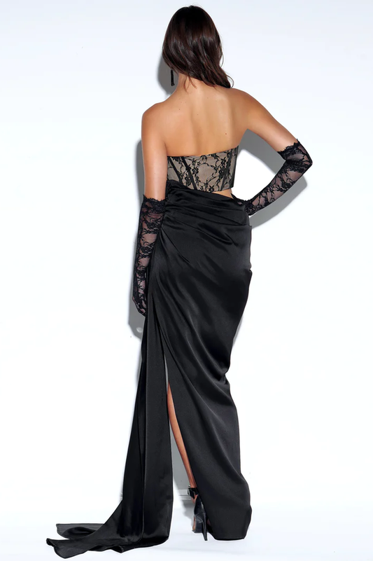 Callie Lace Satin Corset High Slit Gown