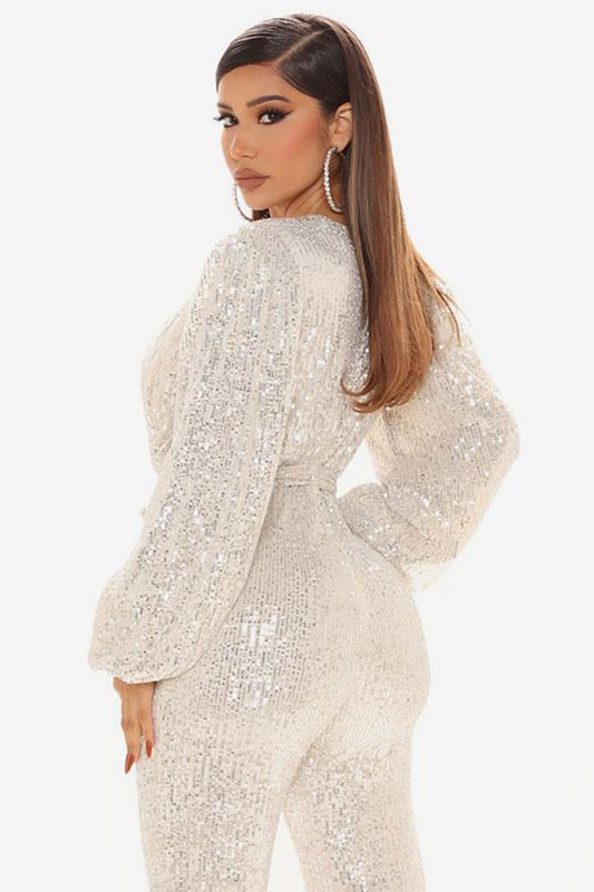 Megan Belted V-Neck Sequins Jumpsuit