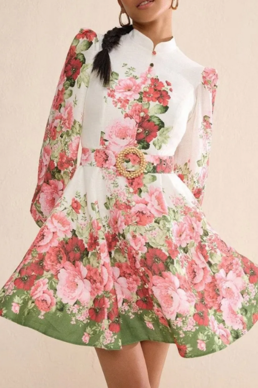 Renata Floral Print Puff Sleeve Midi Dress