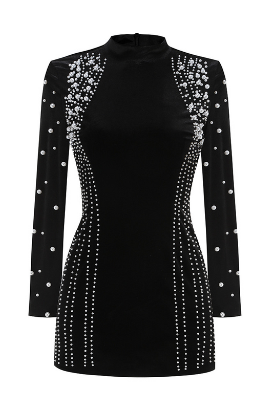 Elegant Long Sleeved Beaded Mini Dress