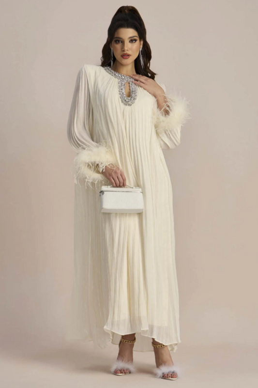 Yvonne Diamante Feathered Pleated Dress