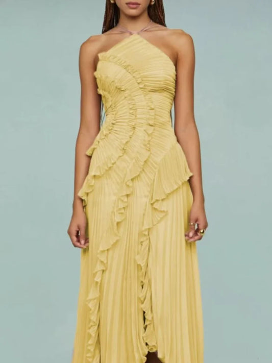 Lunaria Ruffle Dress – Sculpted Pleat Halter Gown