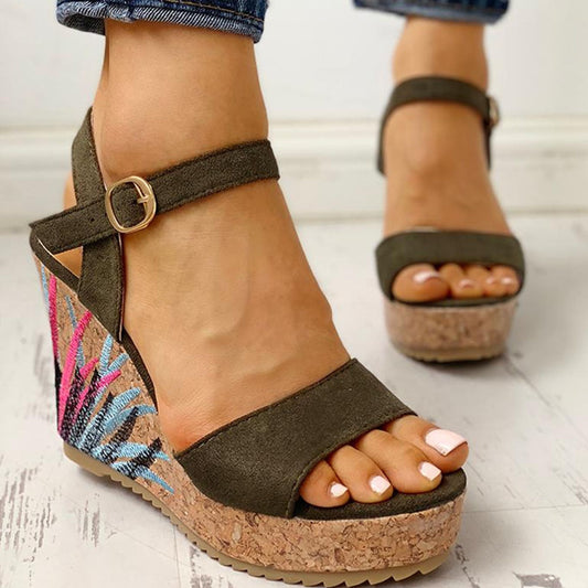 Casual Flock Platform Print Wedges Heeled Sandal