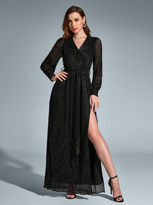 V-Neck Side Split Tie Round Dot Ruched Maxi Dress