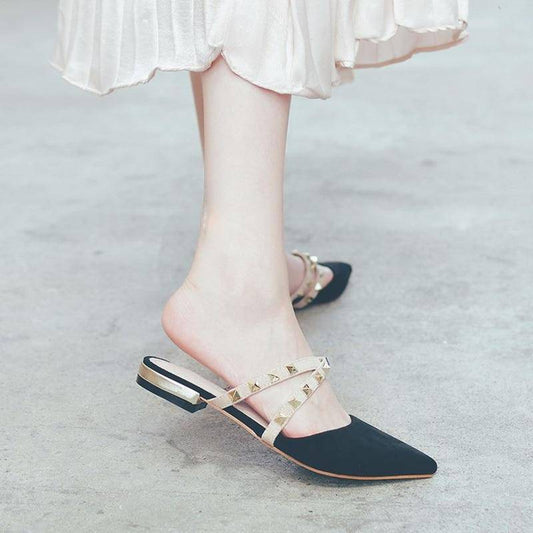 Retro Chic Cross Tie Flock Rivet Pointed Toe Square Heels Women Mules Shoes