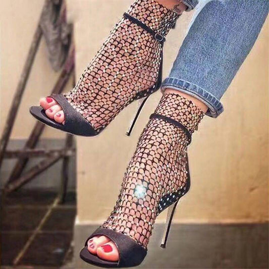 Gladiator Glittered Peep-Toe Ankle Heels