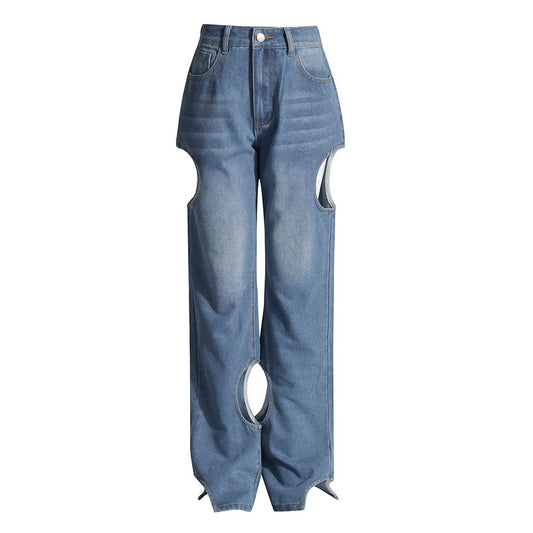 Asymmetric Cut Out Whisker Leg Washed Denim Jeans