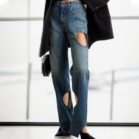 Asymmetric Cut Out Whisker Leg Washed Denim Jeans